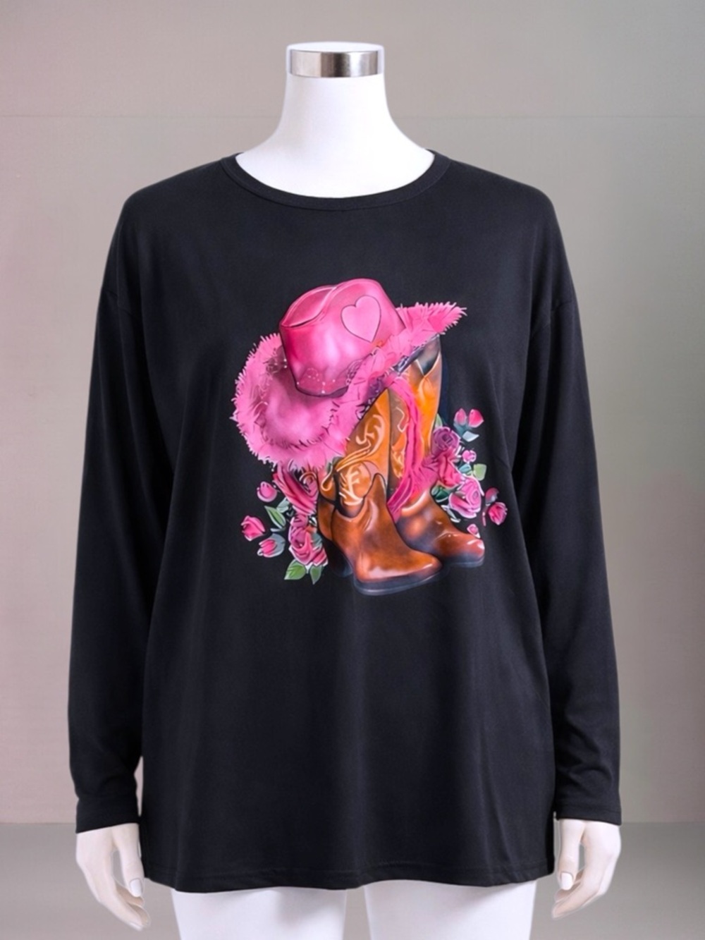 New Cowboy Hat, Boots & Floral Graphic Long Sleeve Tee